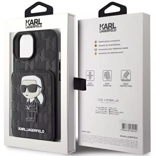 Karl Lagerfeld Saffiano Cardslots and Stand Monogram Ikonik Patch case for iPhone 15 - black 8