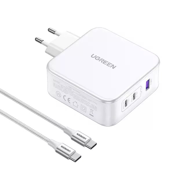 GaN Ugreen Nexode CD289 USB-A/2xUSB-C 140W wall charger + USB-C - USB-C cable 1.5m - white 1
