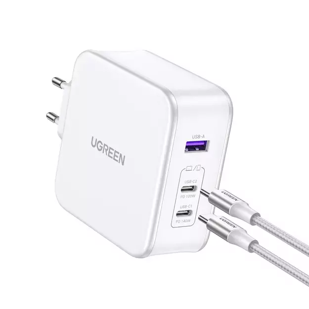 GaN Ugreen Nexode CD289 USB-A/2xUSB-C 140W wall charger + USB-C - USB-C cable 1.5m - white 3