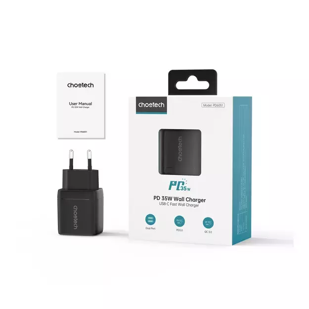 Choetech PD6051 USB-C USB-C PD 35W GaN wall charger with display - black 3