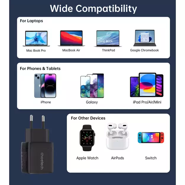 Choetech PD6051 USB-C USB-C PD 35W GaN wall charger with display - black 2