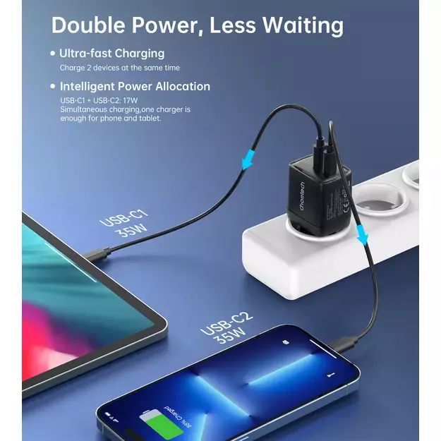 Choetech PD6051 USB-C USB-C PD 35W GaN wall charger with display - black 5