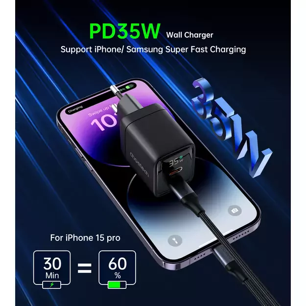 Choetech PD6051 USB-C USB-C PD 35W GaN wall charger with display - black 4