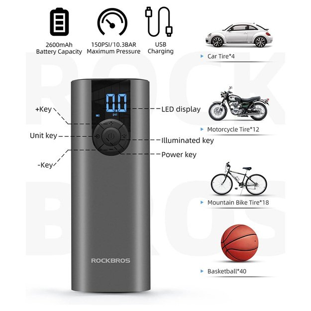 Rockbros 42720001001 Electric Bike Pump with LED Display + USB-C - USB-A Cable - Black 1