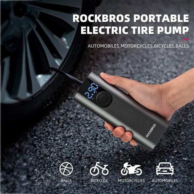 Rockbros 42720001001 Electric Bike Pump with LED Display + USB-C - USB-A Cable - Black 4
