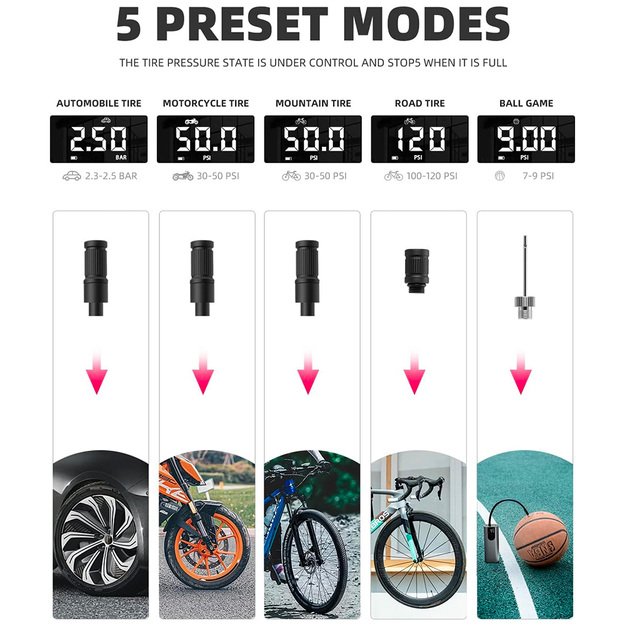 Rockbros 42720001001 Electric Bike Pump with LED Display + USB-C - USB-A Cable - Black 2