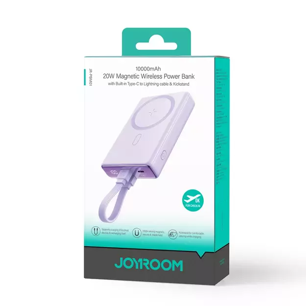 Powerbank Joyroom JR-PBM01 magnetic 10000mAh 20W with stand + Lightning cable - USB-C - purple 5