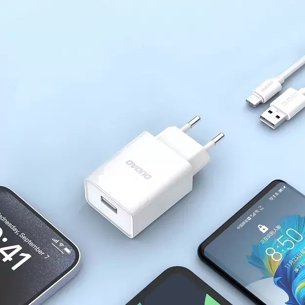 Dudao A4EU USB-A 2.1A wall charger - white + USB-A - USB-C cable 8