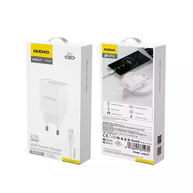 Dudao A4EU USB-A 2.1A wall charger - white + USB-A - USB-C cable 2