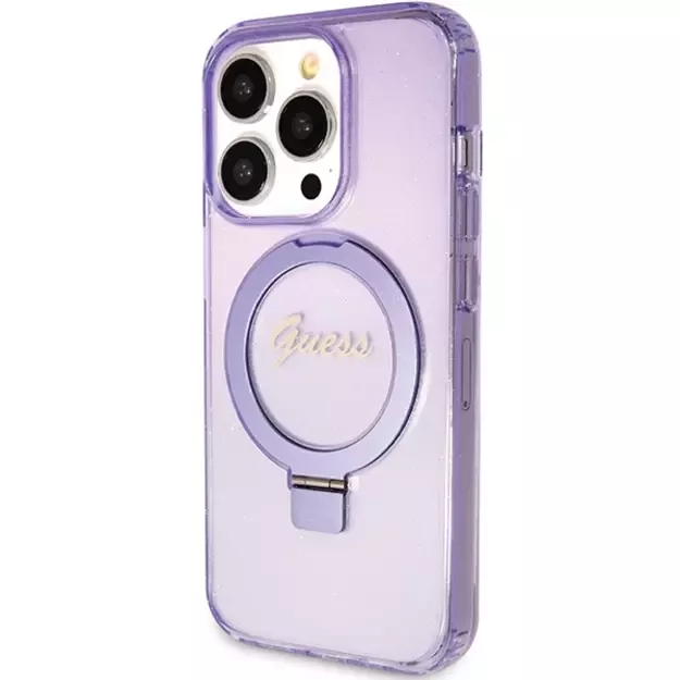 Guess Ring Stand Script Glitter MagSafe case for iPhone 15 Pro Max - purple 1