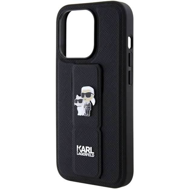 Karl Lagerfeld Gripstand Saffiano Karl&amp Choupette Pins case for iPhone 15 Pro Max - black 14