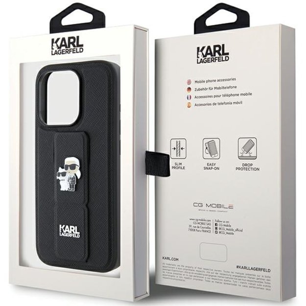 Karl Lagerfeld Gripstand Saffiano Karl&amp Choupette Pins case for iPhone 15 Pro Max - black 16