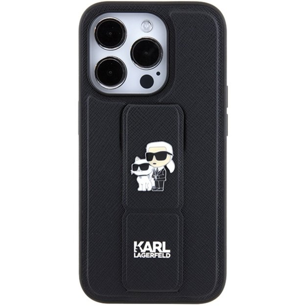 Karl Lagerfeld Gripstand Saffiano Karl&amp Choupette Pins case for iPhone 15 Pro Max - black 11