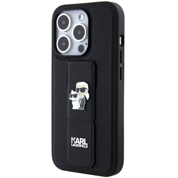 Karl Lagerfeld Gripstand Saffiano Karl&amp Choupette Pins case for iPhone 15 Pro Max - black 10