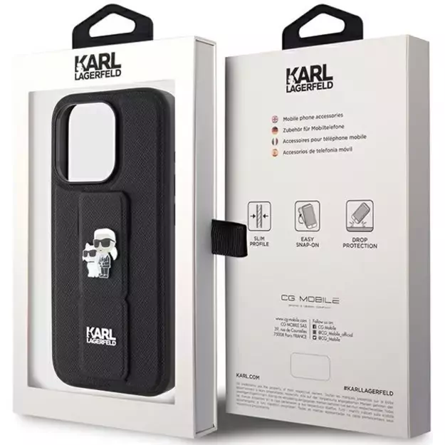 Karl Lagerfeld Gripstand Saffiano Karl&amp Choupette Pins case for iPhone 15 Pro Max - black 8