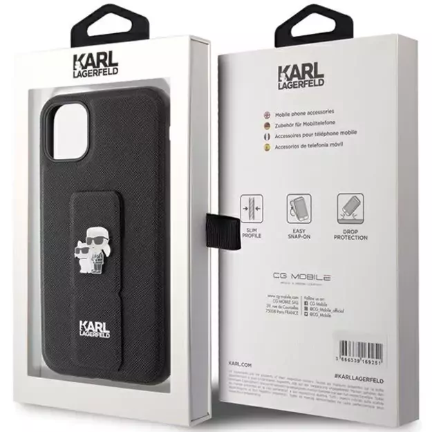 Karl Lagerfeld Gripstand Saffiano Karl&amp Choupette Pins case for iPhone 11 / Xr - black 7