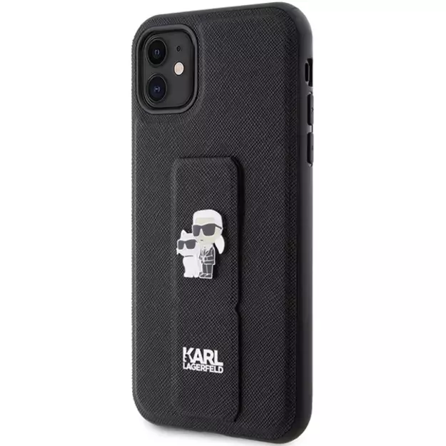 Karl Lagerfeld Gripstand Saffiano Karl&amp Choupette Pins case for iPhone 11 / Xr - black 1