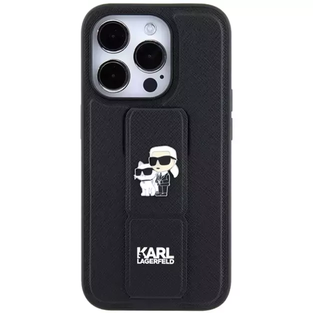 Karl Lagerfeld Gripstand Saffiano Karl&amp Choupette Pins case for iPhone 14 Pro - black 10