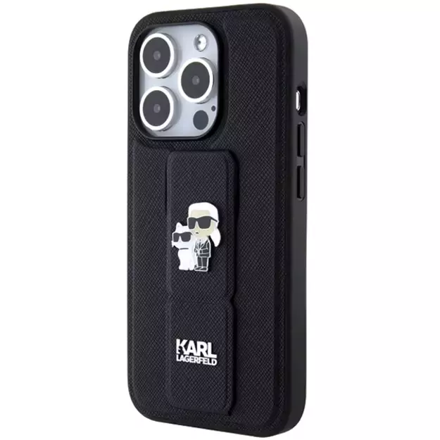 Karl Lagerfeld Gripstand Saffiano Karl&amp Choupette Pins case for iPhone 14 Pro - black 9