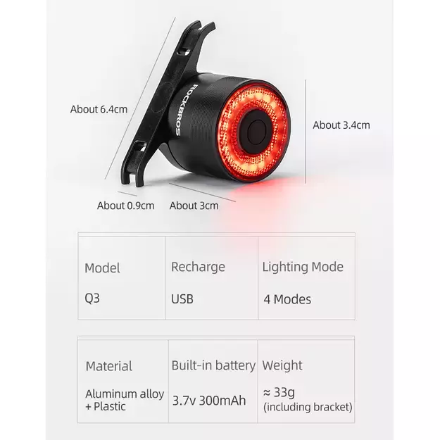 Rockbros Q3 Rear Bike Light with Smart Stop System - Black 5