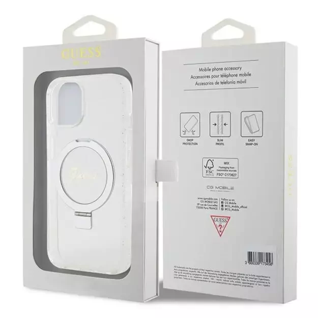 Guess Ring Stand Script Glitter MagSafe case for iPhone 15 / 14 / 13 - transparent 14