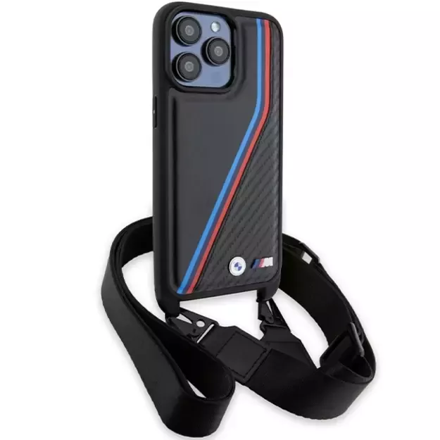 BMW M Edition Carbon Tricolor Lines &amp  Strap case for iPhone 15 Pro - black 9
