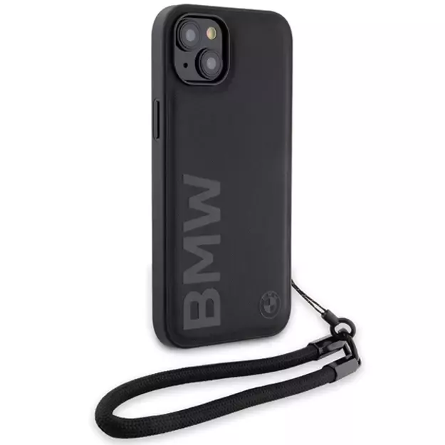 BMW Signature Leather Wordmark Cord Case for iPhone 15/14/13 - Black 2