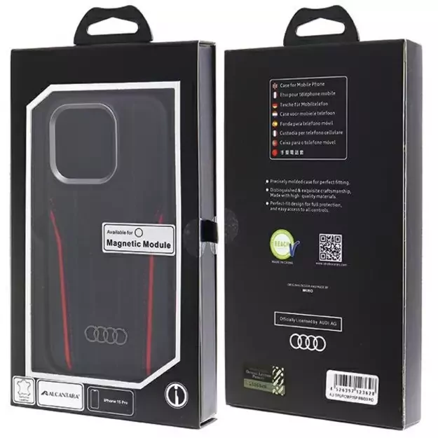 Audi Genuine Leather case with MagSafe for iPhone 15 Pro - black and red 18