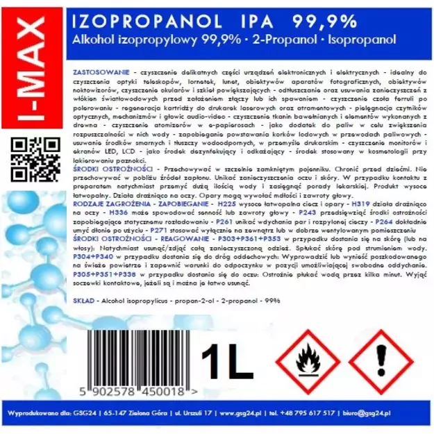Isopropyl alcohol Isopropanol IPA I-MAX 99.9% 1L 1