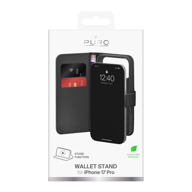 Puro Wallet Stand Case for iPhone 17 Pro Made of Eco-Leather, with a Flap, Wallet, and Stand Function - Black 1