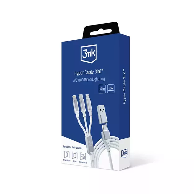3mk Hyper Cable 3in1 USB-A - USB-C / USB-C - micro USB - Lightning 1.5m - white 10
