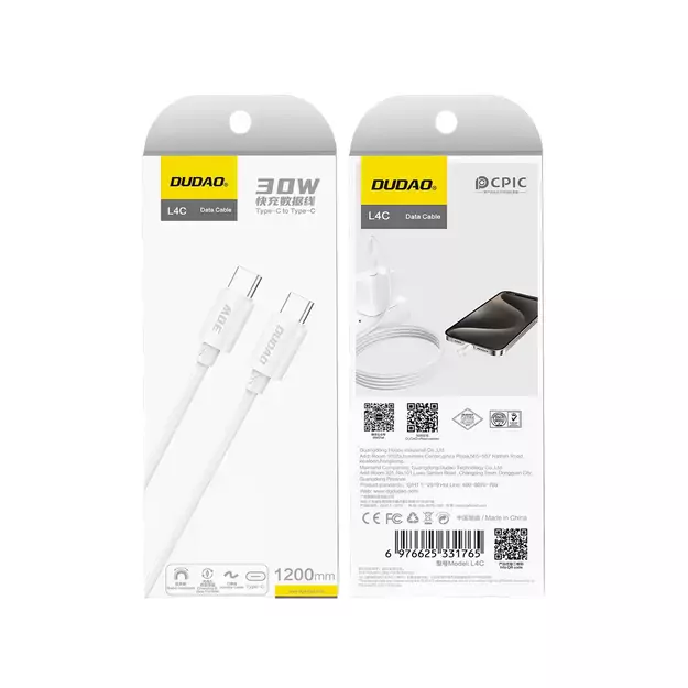Dudao L4C USB-C / USB-C 30W 2m Cable - White 1