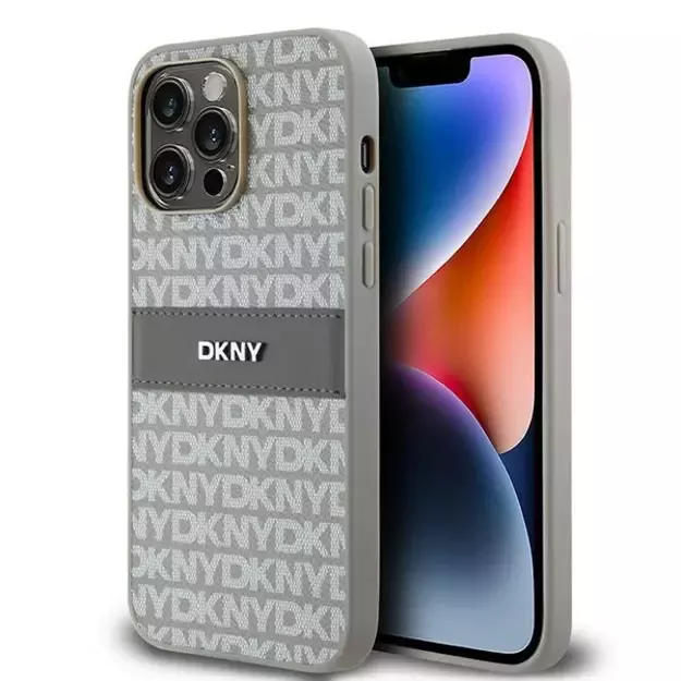 DKNY Leather Mono Stripe &amp  Metal Logo case for iPhone 14 Pro - beige