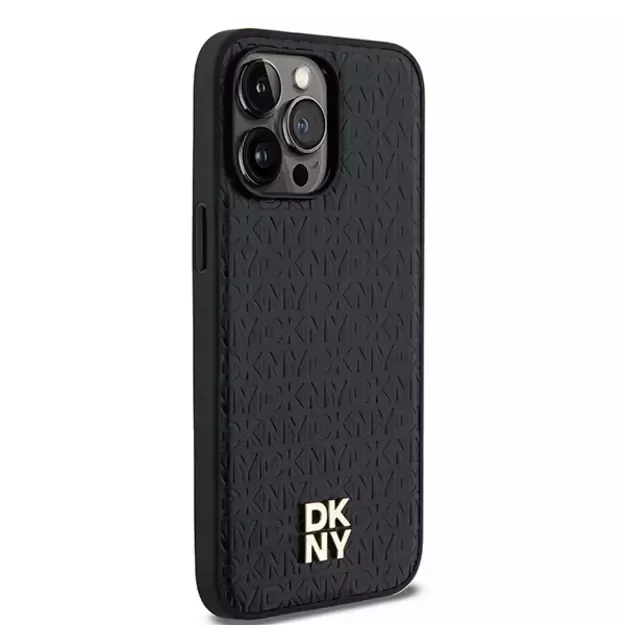 DKNY Leather Monogram Pattern Metal Logo MagSafe Case for iPhone 14 Pro Max - Black 10