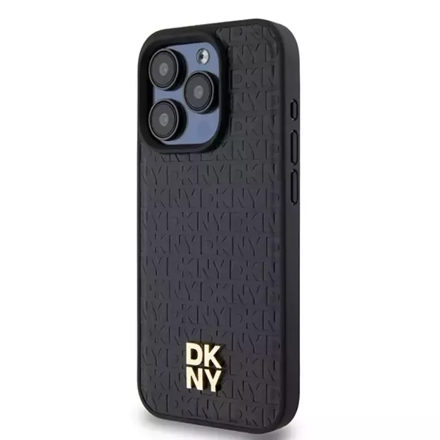 DKNY Leather Monogram Pattern Metal Logo MagSafe Case for iPhone 15 Pro - Black 14