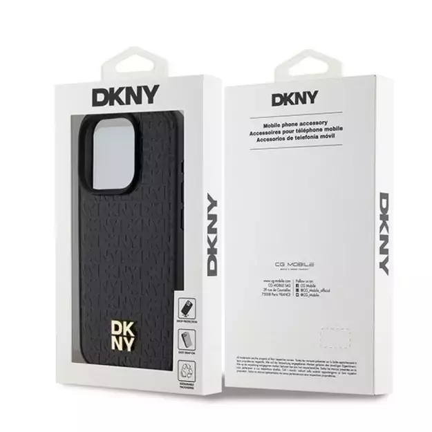 DKNY Leather Monogram Pattern Metal Logo MagSafe Case for iPhone 15 Pro - Black 13