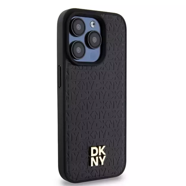 DKNY Leather Monogram Pattern Metal Logo MagSafe Case for iPhone 15 Pro - Black 9