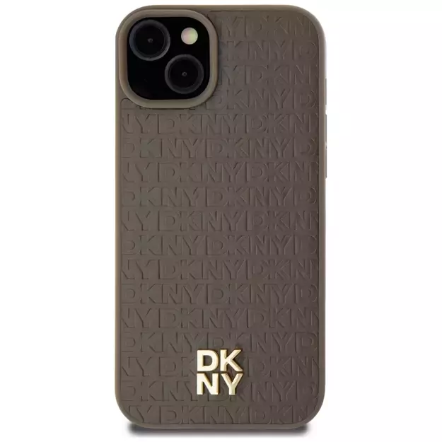 DKNY Leather Pattern Metal Logo MagSafe Case for iPhone 15 Plus / 14 Plus - Brown 9