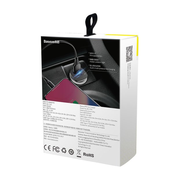 Baseus Square PPS smart car charger with USB Quick Charge 4.0 QC 4.0 and USB-C PD 3.0 SCP ports black (CCALL-AS01) 5