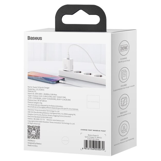 Baseus Super Si 1C fast charger USB Type C 30W Power Delivery Quick Charge white (CCSUP-J02) 5
