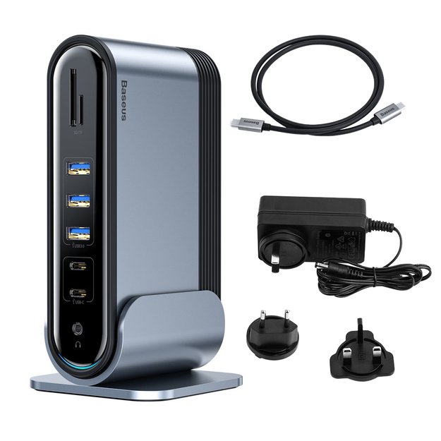 HUB Baseus CAHUB-DG0G 3x USB 3.2 Gen 1 / 2x USB-A / 2x USB-C / SD card reader, micro SD / AUX / 3x HDMI / RJ45 PD 100W (EU / CN / UK plugs) - gray