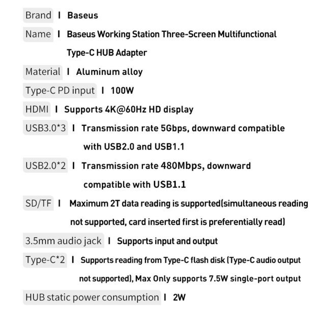 HUB Baseus CAHUB-DG0G 3x USB 3.2 Gen 1 / 2x USB-A / 2x USB-C / SD card reader, micro SD / AUX / 3x HDMI / RJ45 PD 100W (EU / CN / UK plugs) - gray 1