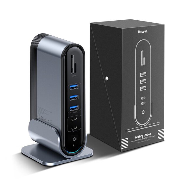 HUB Baseus CAHUB-DG0G 3x USB 3.2 Gen 1 / 2x USB-A / 2x USB-C / SD card reader, micro SD / AUX / 3x HDMI / RJ45 PD 100W (EU / CN / UK plugs) - gray 2