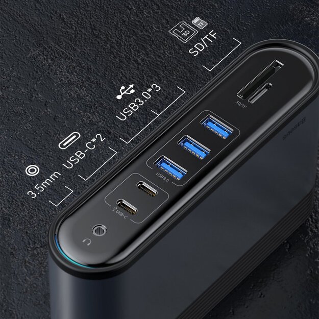 HUB Baseus CAHUB-DG0G 3x USB 3.2 Gen 1 / 2x USB-A / 2x USB-C / SD card reader, micro SD / AUX / 3x HDMI / RJ45 PD 100W (EU / CN / UK plugs) - gray 17