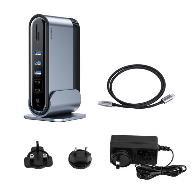 HUB Baseus CAHUB-DG0G 3x USB 3.2 Gen 1 / 2x USB-A / 2x USB-C / SD card reader, micro SD / AUX / 3x HDMI / RJ45 PD 100W (EU / CN / UK plugs) - gray 9