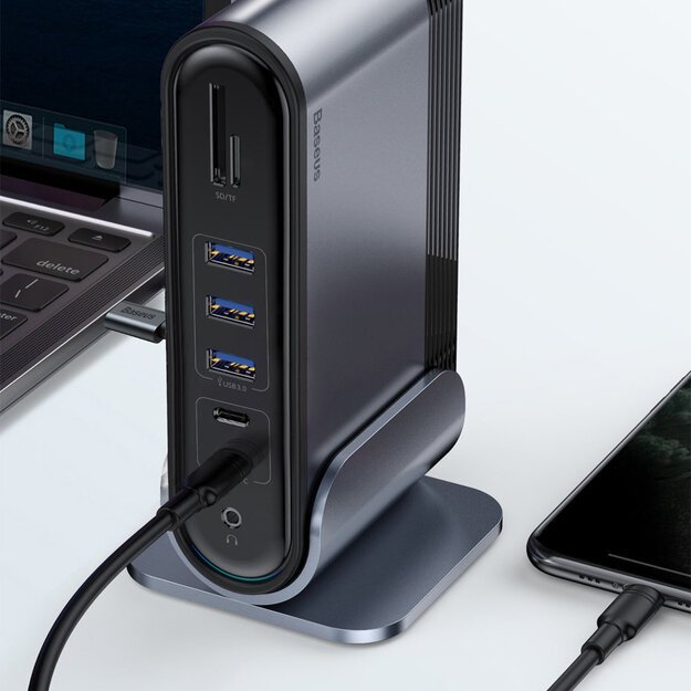 HUB Baseus CAHUB-DG0G 3x USB 3.2 Gen 1 / 2x USB-A / 2x USB-C / SD card reader, micro SD / AUX / 3x HDMI / RJ45 PD 100W (EU / CN / UK plugs) - gray 21