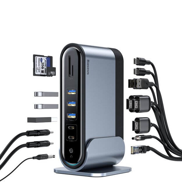 HUB Baseus CAHUB-DG0G 3x USB 3.2 Gen 1 / 2x USB-A / 2x USB-C / SD card reader, micro SD / AUX / 3x HDMI / RJ45 PD 100W (EU / CN / UK plugs) - gray 6