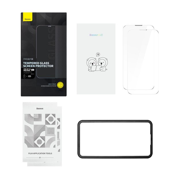Baseus Set of 2x Tempered Glass for iPhone 14 Pro Max Full Screen with Speaker Cover 0.3mm + Mounting Frame 10