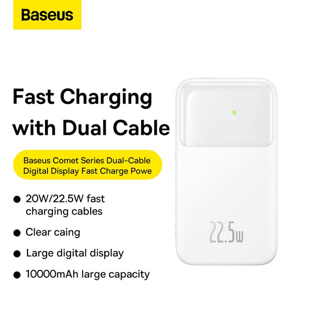 Baseus Comet Series powerbank with display 10000mAh 22.5W - white + USB-A - USB-C cable 12