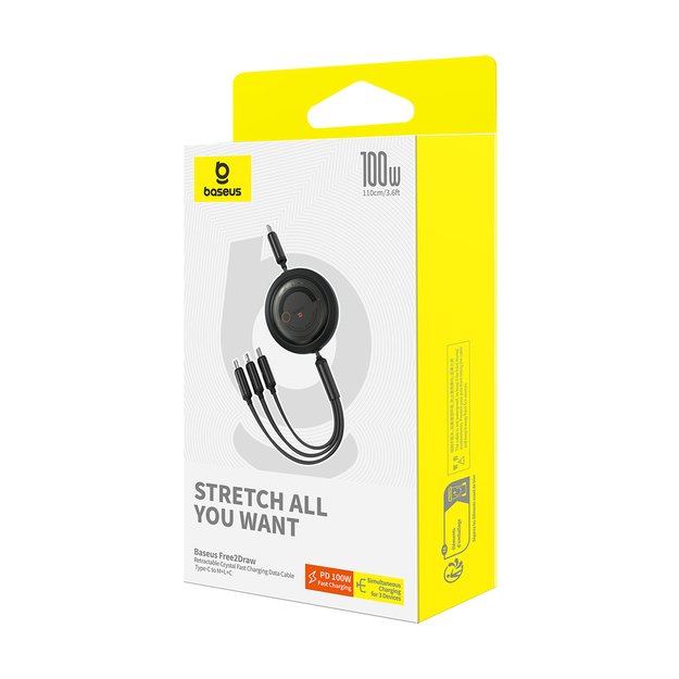 Baseus Free2Draw CB000084 retractable USB-C - Lightning / USB-C / micro USB cable 100W 1.1m - black 6